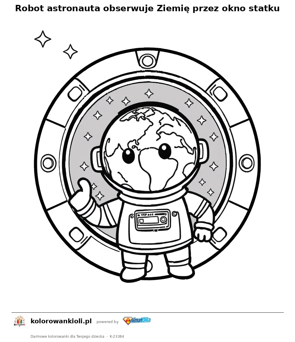 Robot astronauta obserwuje Ziemię przez okno statku — kolorowanka do wydruku dla dzieci