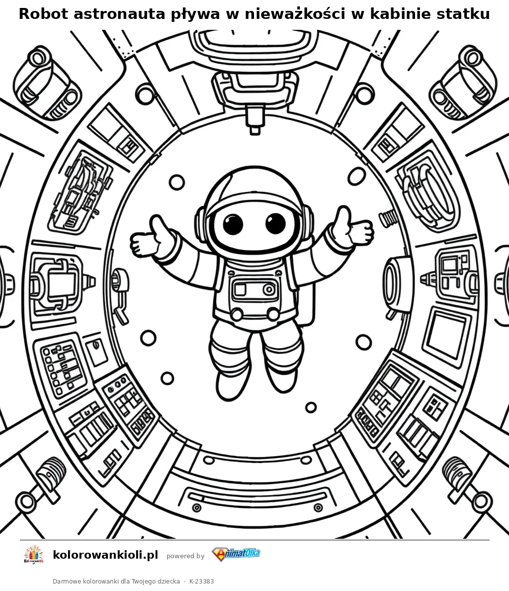Robot astronauta pływa w nieważkości w kabinie statku — kolorowanka do wydruku dla dzieci
