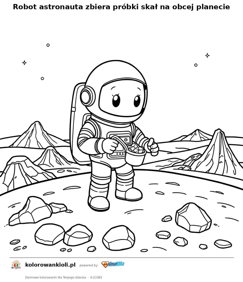 Robot astronauta zbiera próbki skał na obcej planecie — kolorowanka do wydruku dla dzieci