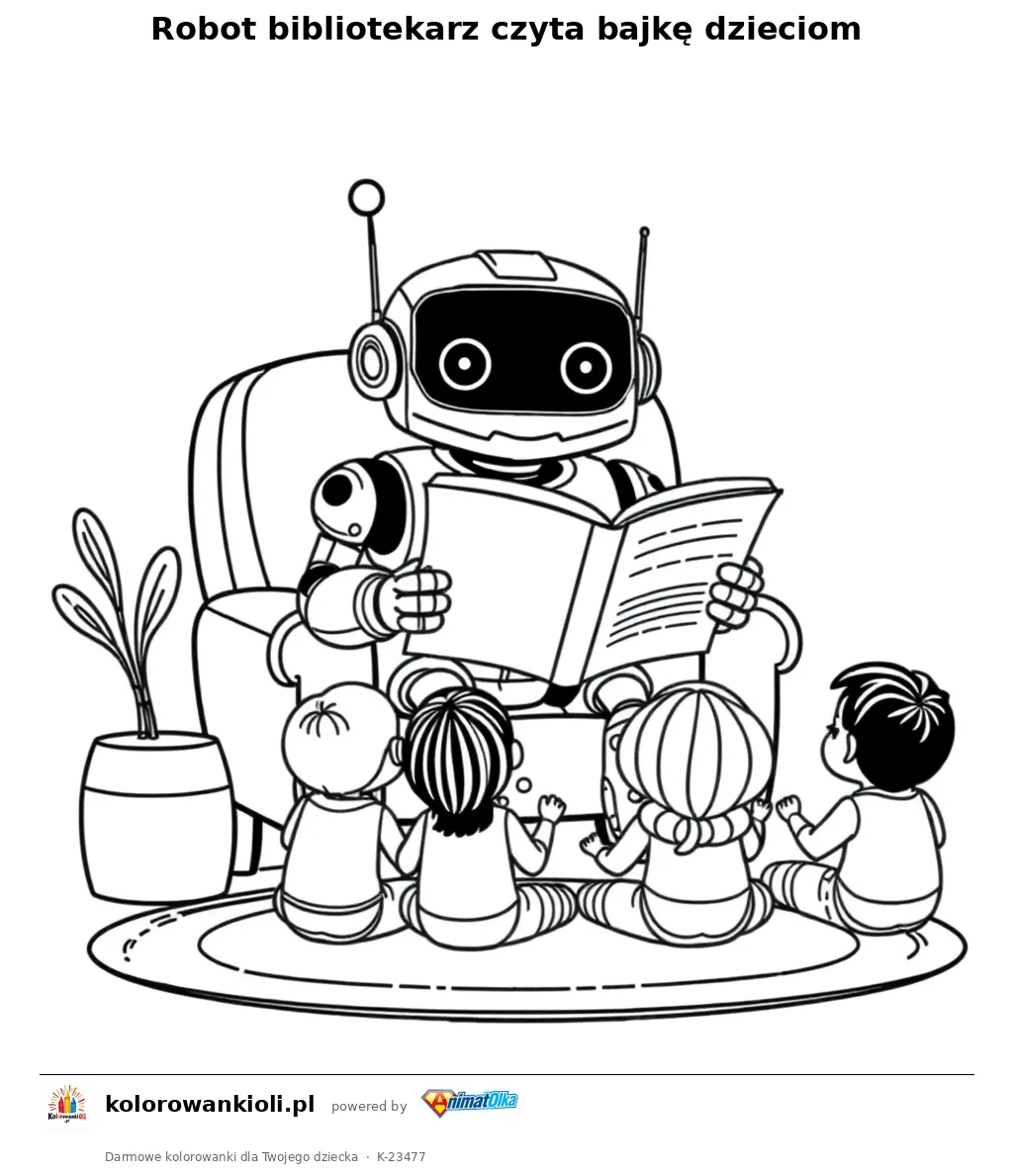 Robot bibliotekarz czyta bajkę dzieciom — kolorowanka do wydruku dla dzieci