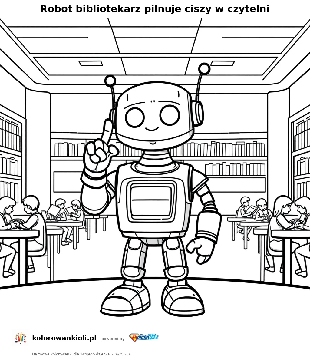 Robot bibliotekarz pilnuje ciszy w czytelni — kolorowanka do wydruku dla dzieci