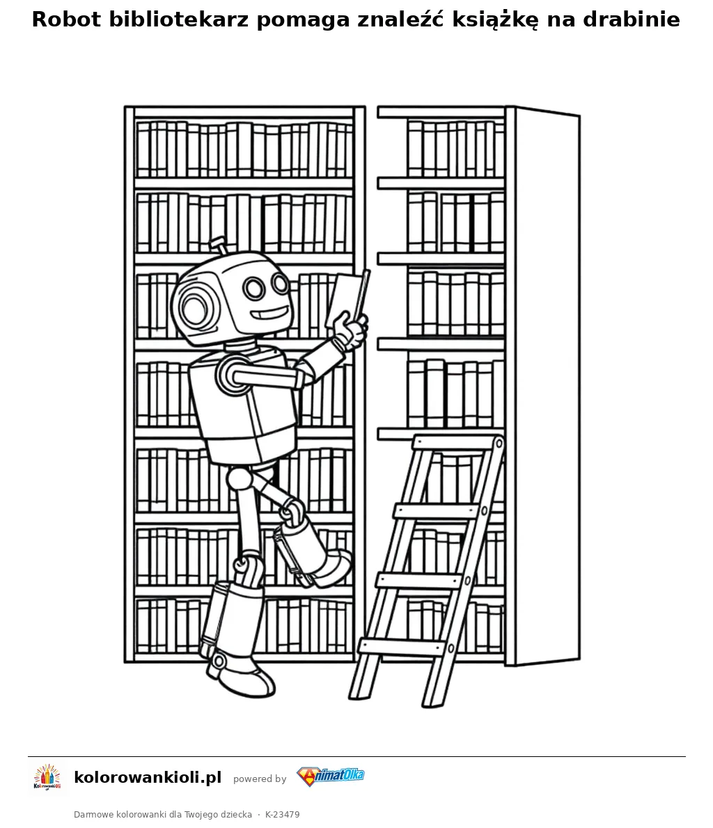 Robot bibliotekarz pomaga znaleźć książkę na drabinie — kolorowanka do wydruku dla dzieci