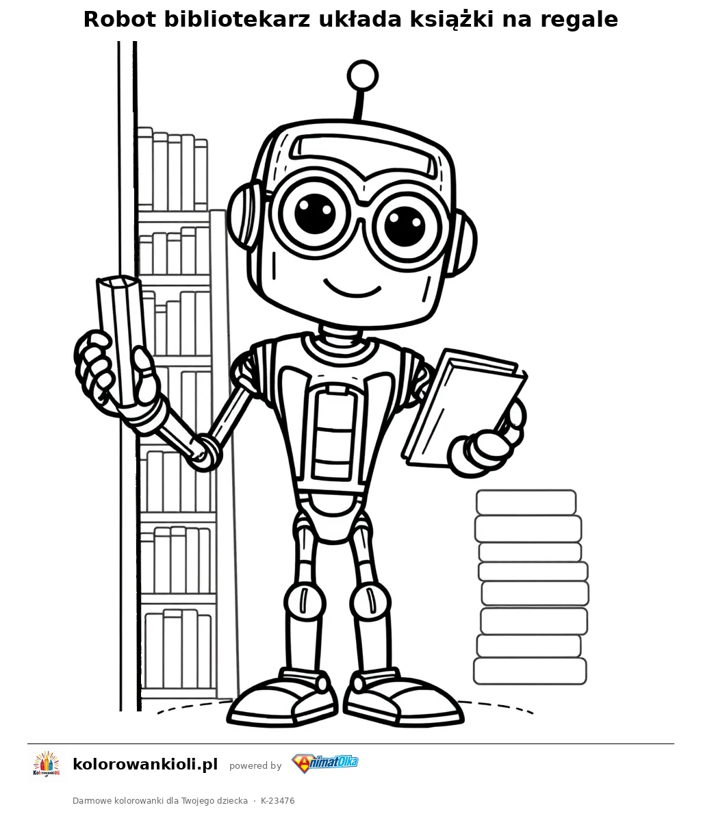Robot bibliotekarz układa książki na regale — kolorowanka do wydruku dla dzieci