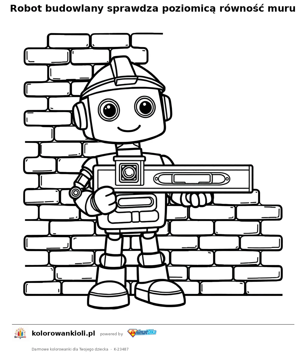 Robot budowlany sprawdza poziomicą równość muru — kolorowanka do wydruku dla dzieci