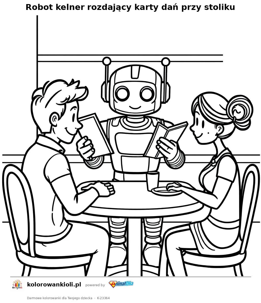 Robot kelner rozdający karty dań przy stoliku — kolorowanka do wydruku dla dzieci