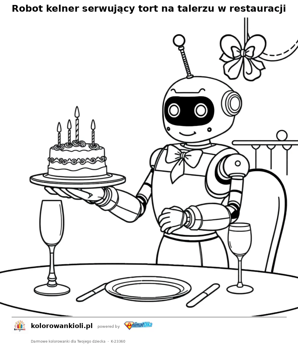 Robot kelner serwujący tort na talerzu w restauracji — kolorowanka do wydruku dla dzieci