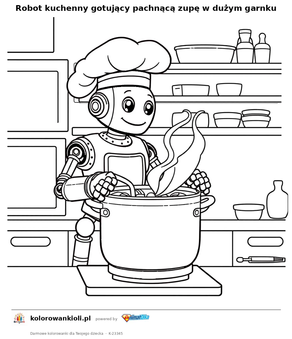 Robot kuchenny gotujący pachnącą zupę w dużym garnku — kolorowanka do wydruku dla dzieci