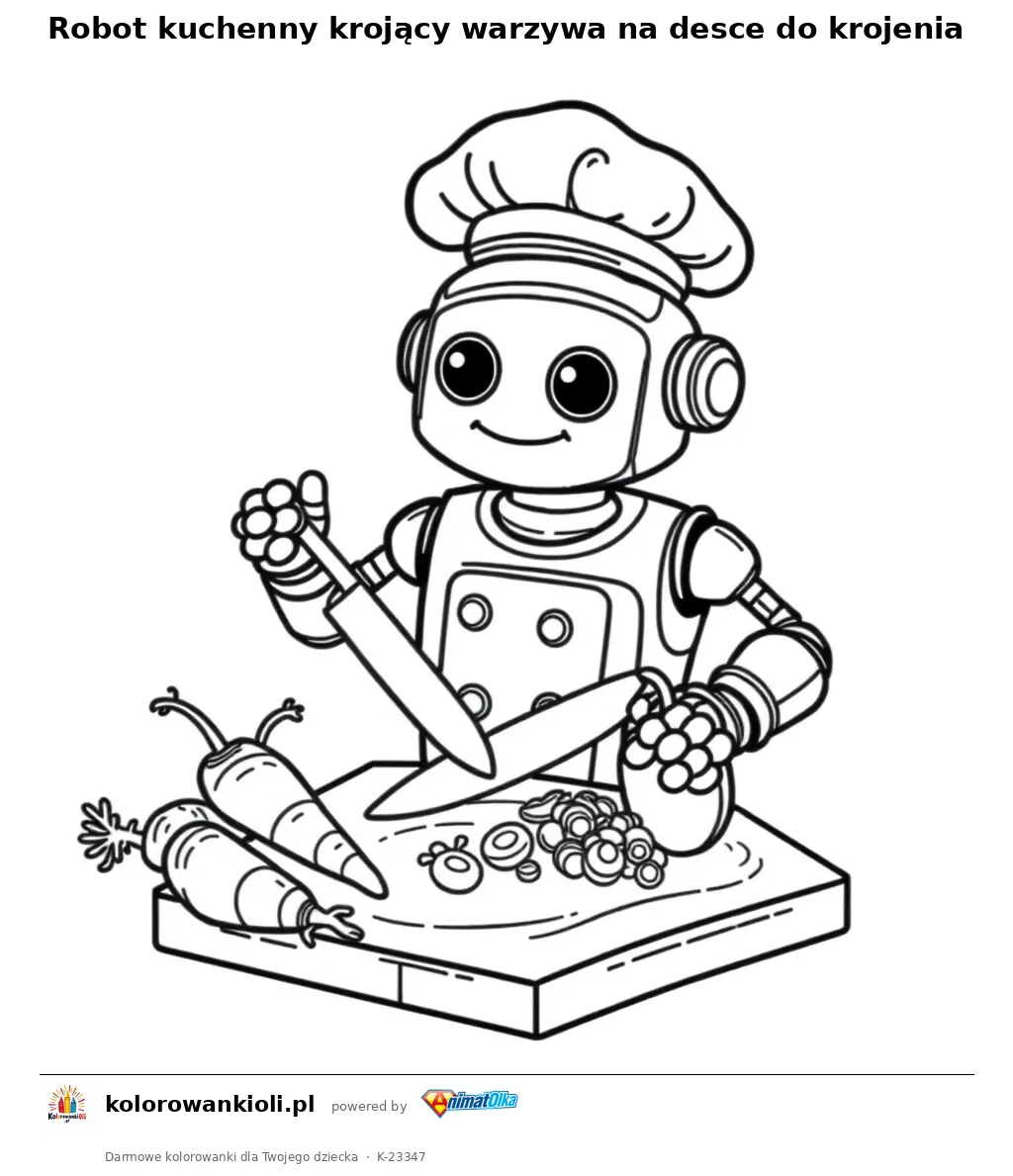 Robot kuchenny krojący warzywa na desce do krojenia — kolorowanka do wydruku dla dzieci