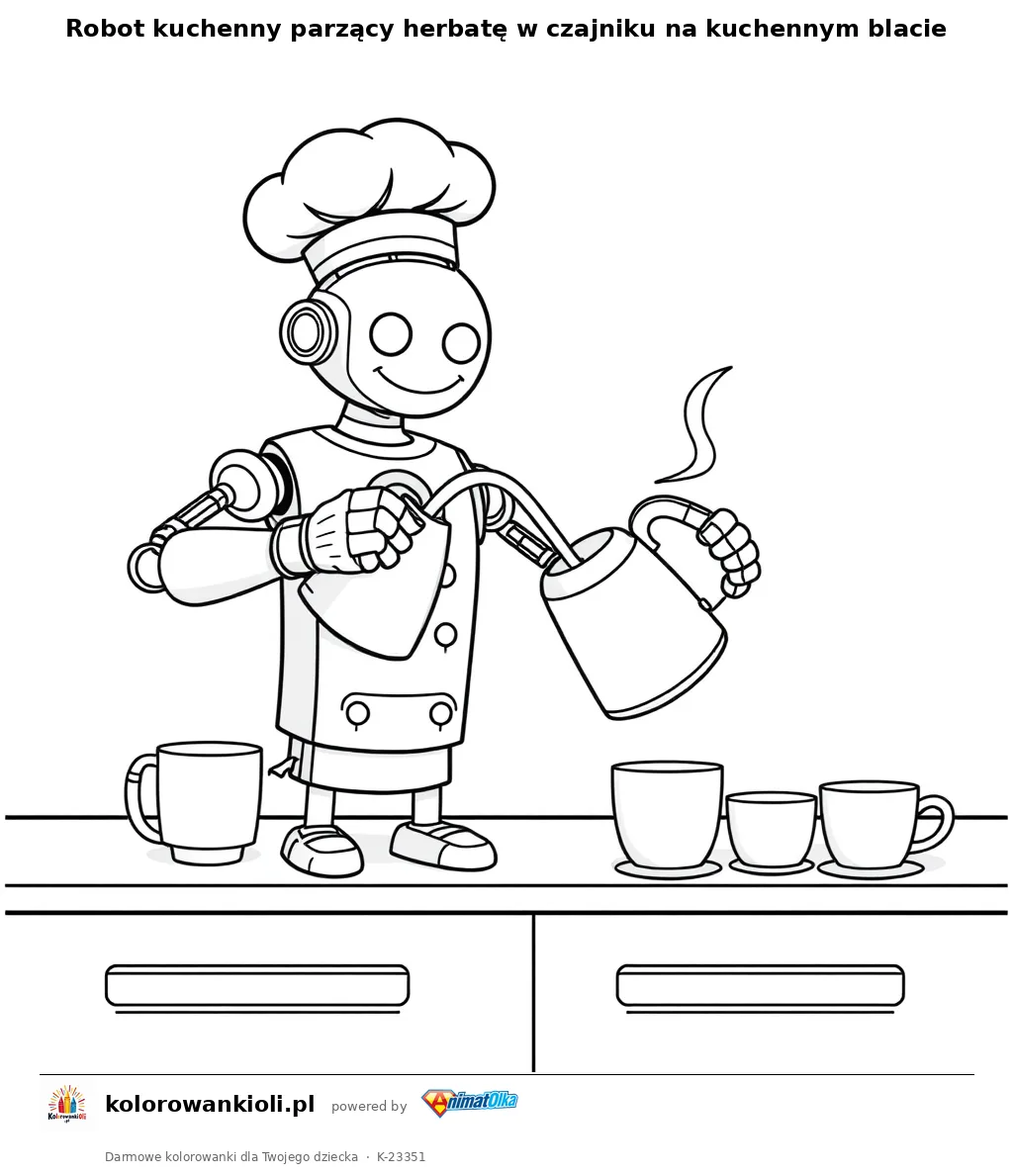Robot kuchenny parzący herbatę w czajniku na kuchennym blacie — kolorowanka do wydruku dla dzieci