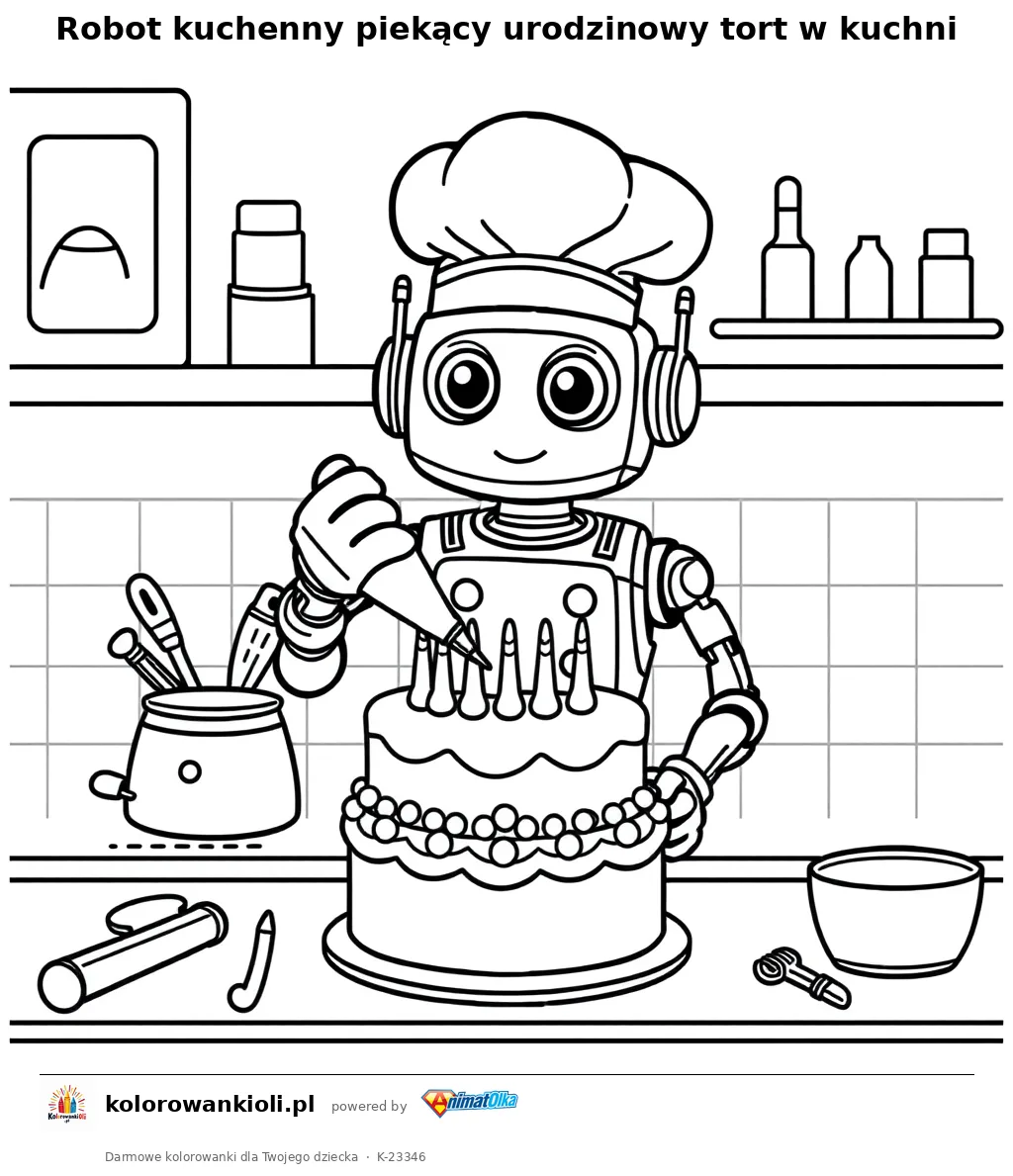 Robot kuchenny piekący urodzinowy tort w kuchni — kolorowanka do wydruku dla dzieci