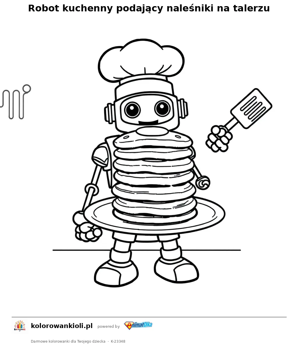 Robot kuchenny podający naleśniki na talerzu — kolorowanka do wydruku dla dzieci