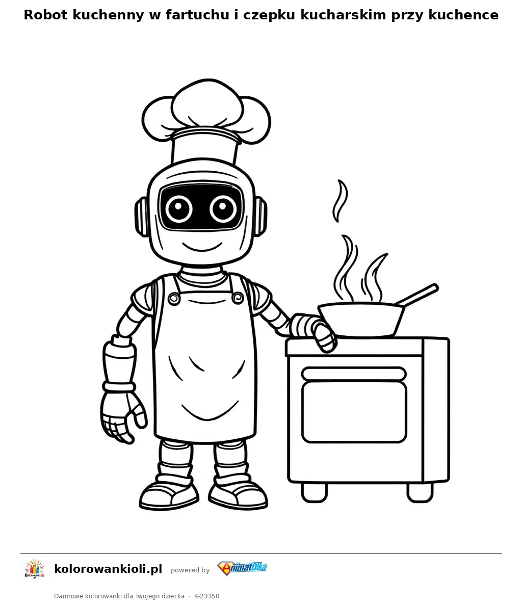Robot kuchenny w fartuchu i czepku kucharskim przy kuchence — kolorowanka do wydruku dla dzieci