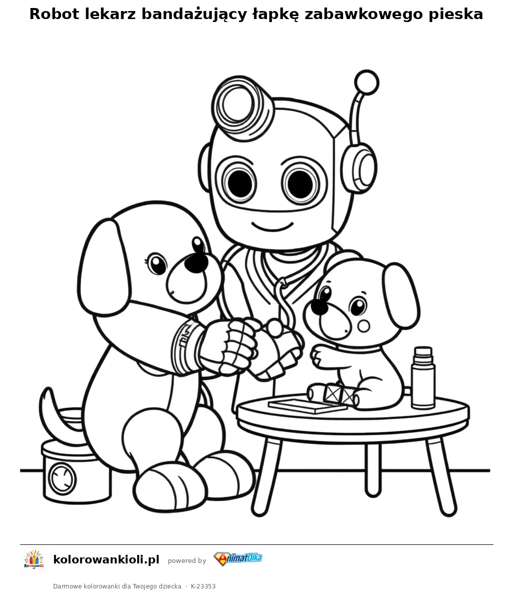 Robot lekarz bandażujący łapkę zabawkowego pieska — kolorowanka do wydruku dla dzieci