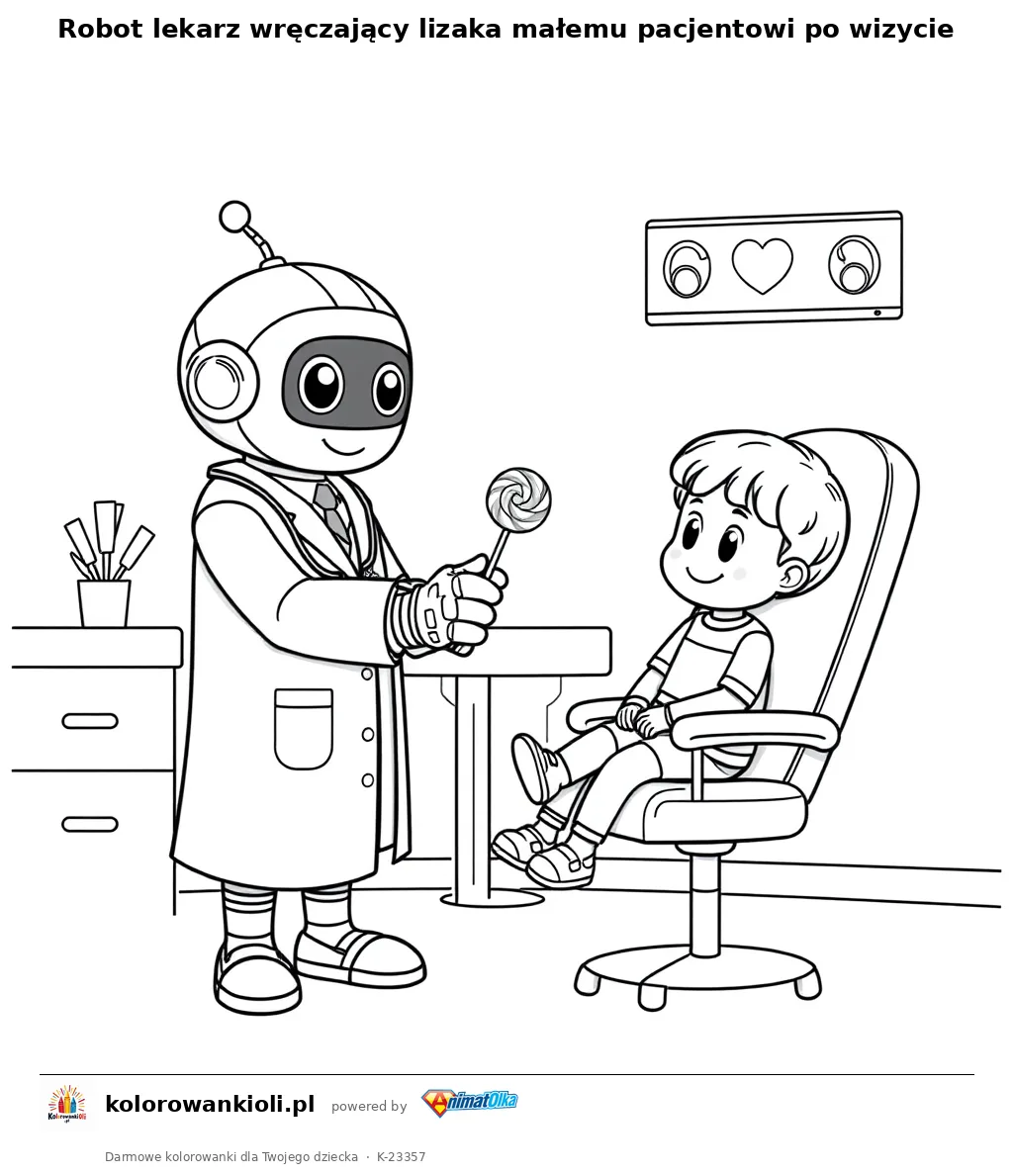 Robot lekarz wręczający lizaka małemu pacjentowi po wizycie — kolorowanka do wydruku dla dzieci