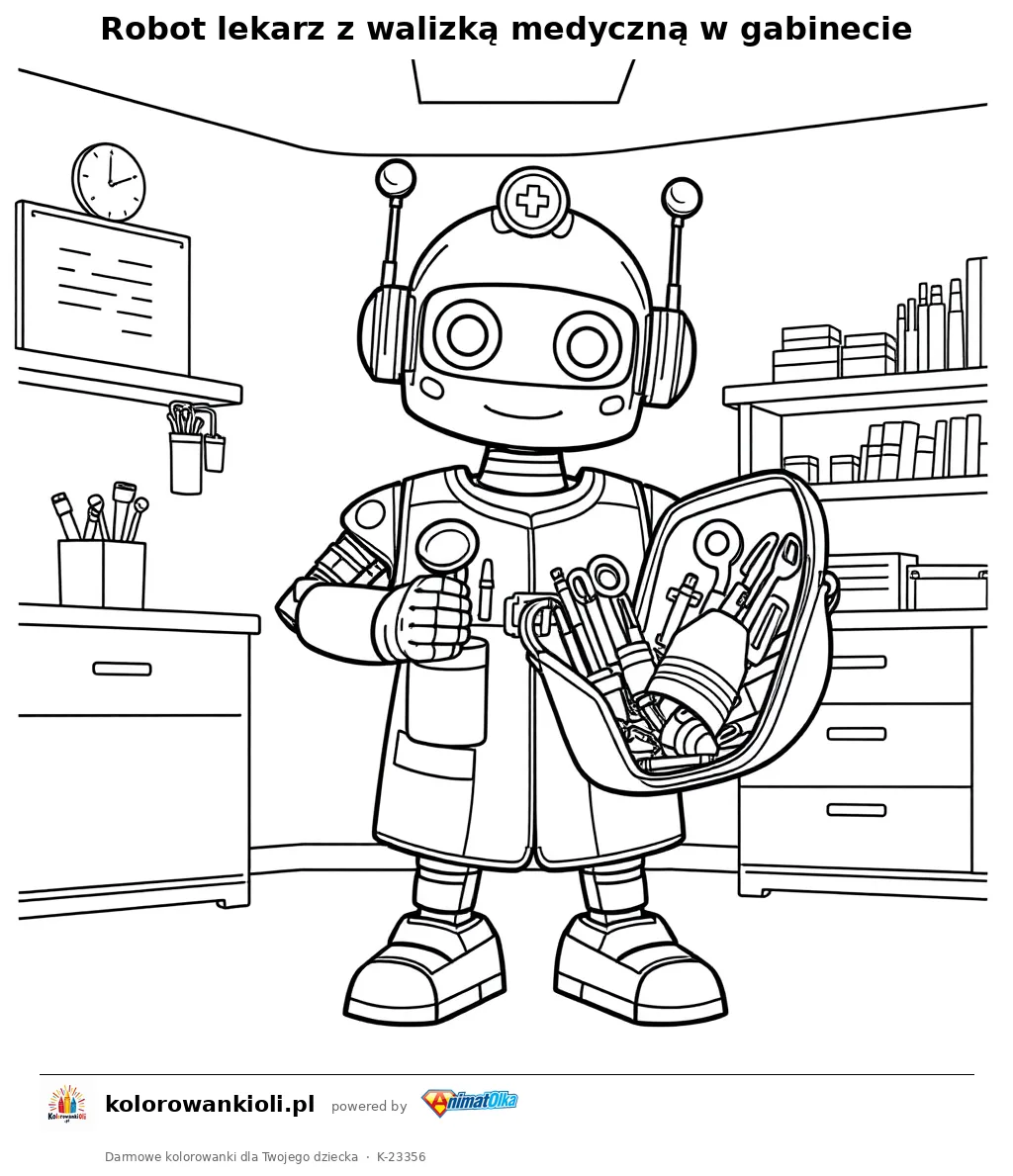 Robot lekarz z walizką medyczną w gabinecie — kolorowanka do wydruku dla dzieci