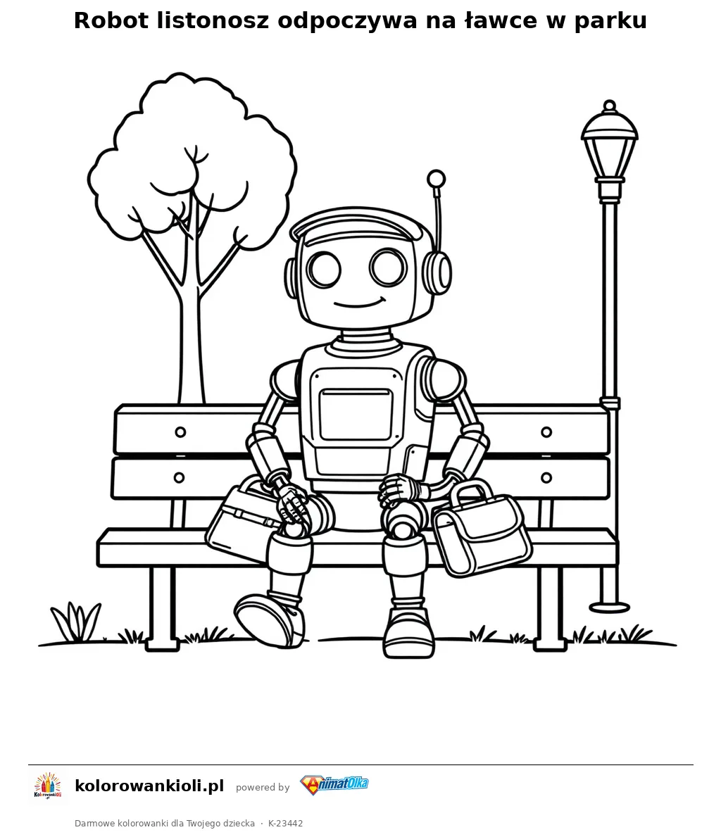Robot listonosz odpoczywa na ławce w parku — kolorowanka do wydruku dla dzieci