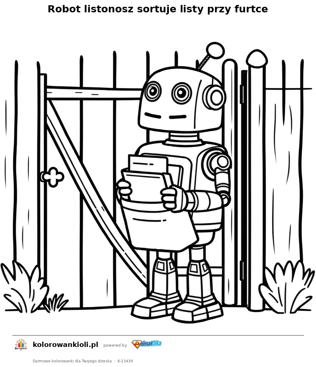 Robot listonosz sortuje listy przy furtce — kolorowanka do wydruku dla dzieci