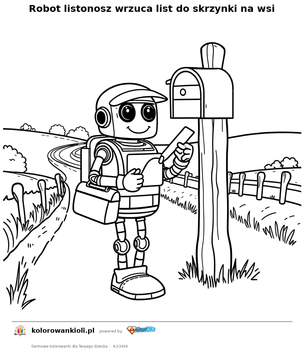 Robot listonosz wrzuca list do skrzynki na wsi — kolorowanka do wydruku dla dzieci