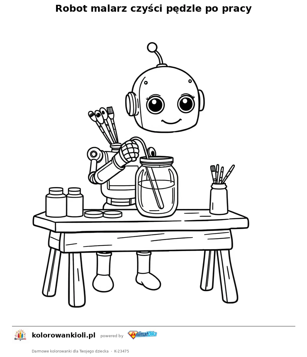 Robot malarz czyści pędzle po pracy — kolorowanka do wydruku dla dzieci