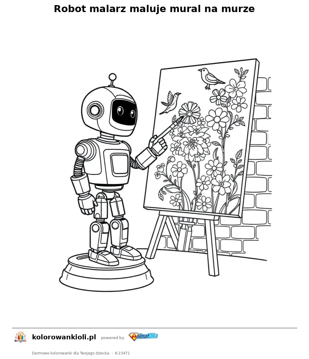 Robot malarz maluje mural na murze — kolorowanka do wydruku dla dzieci