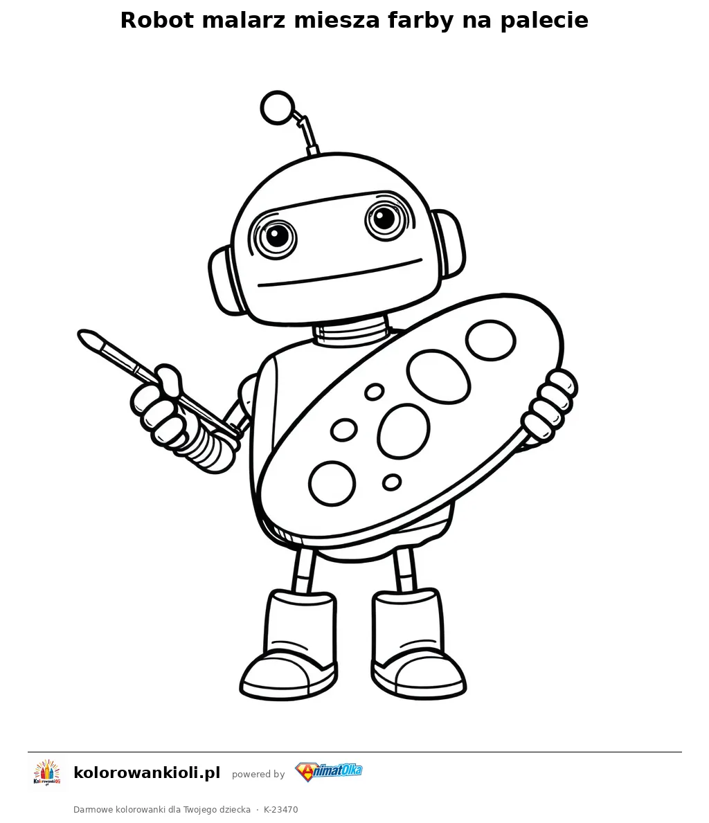 Robot malarz miesza farby na palecie — kolorowanka do wydruku dla dzieci