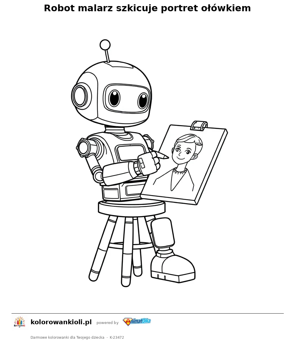 Robot malarz szkicuje portret ołówkiem — kolorowanka do wydruku dla dzieci