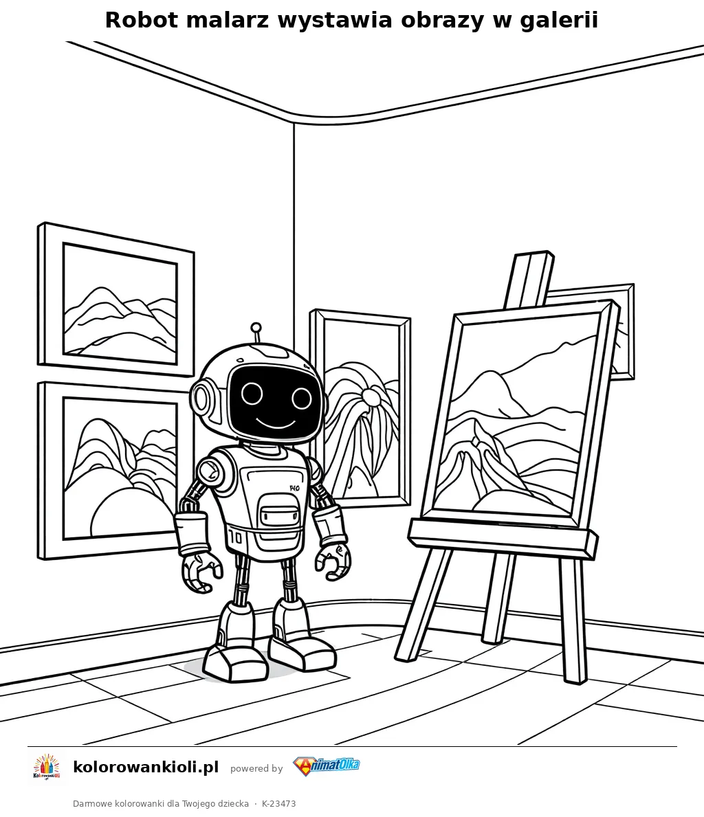 Robot malarz wystawia obrazy w galerii — kolorowanka do wydruku dla dzieci
