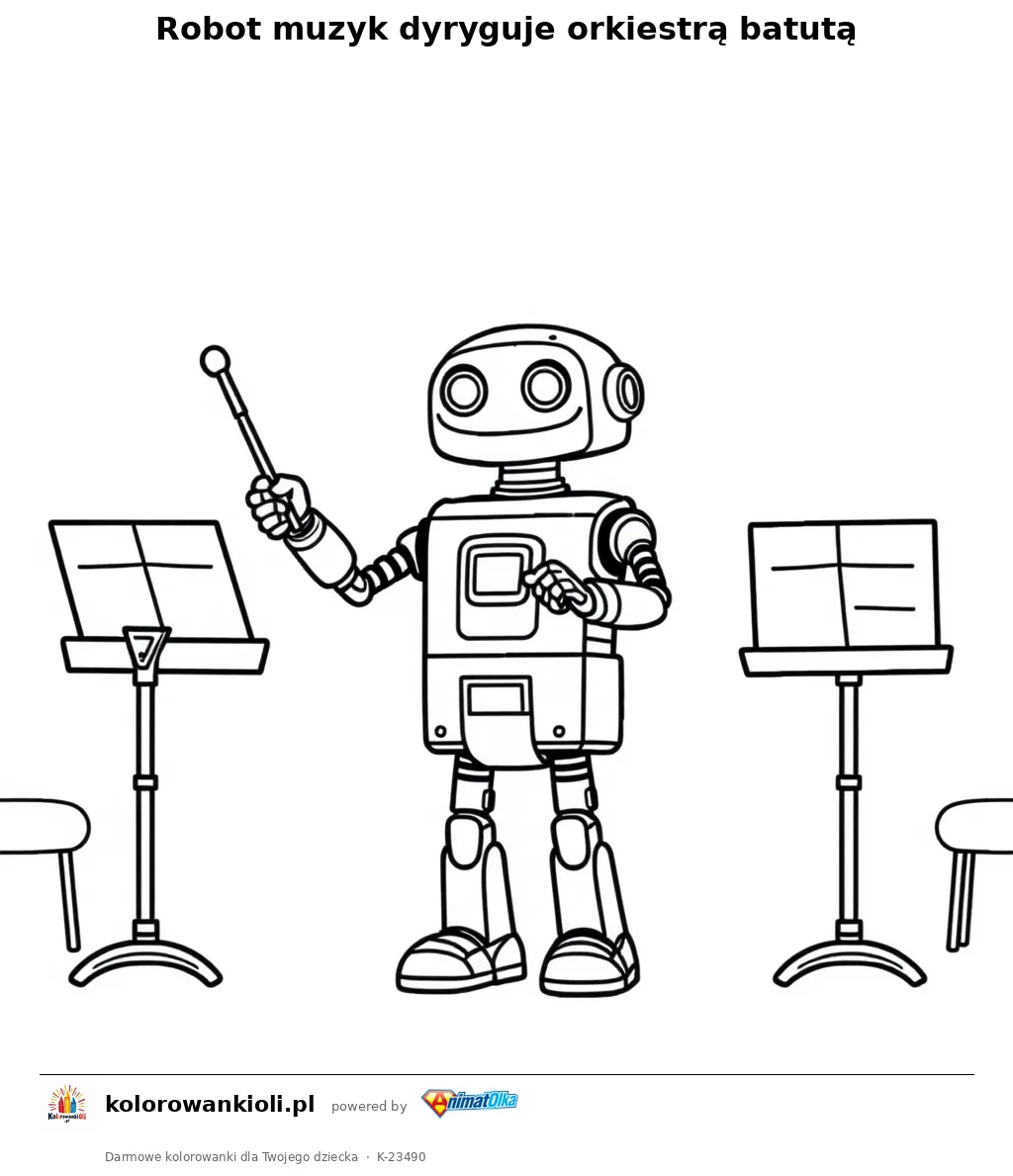 Robot muzyk dyryguje orkiestrą batutą — kolorowanka do wydruku dla dzieci