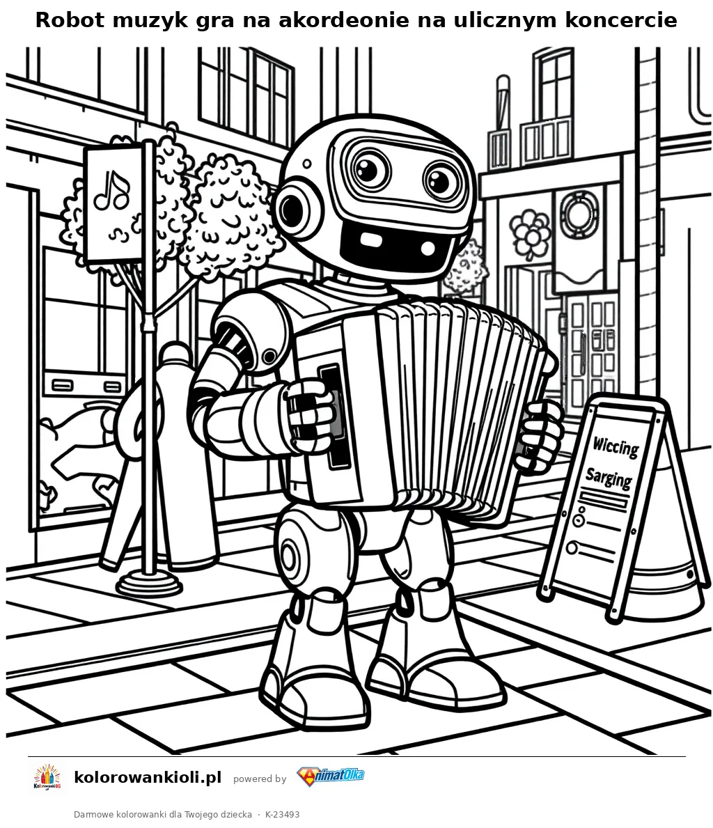 Robot muzyk gra na akordeonie na ulicznym koncercie — kolorowanka do wydruku dla dzieci