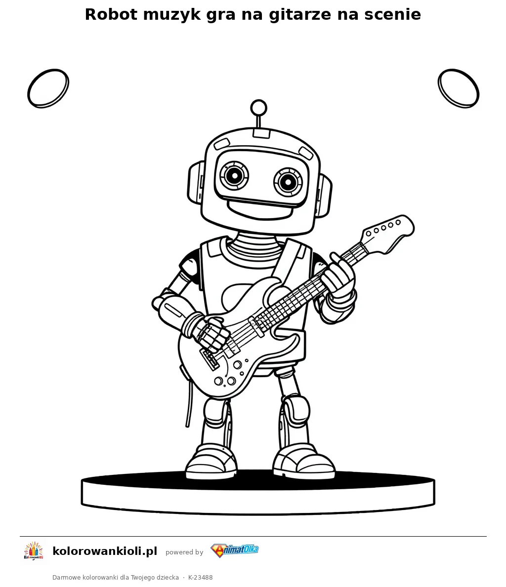 Robot muzyk gra na gitarze na scenie — kolorowanka do wydruku dla dzieci