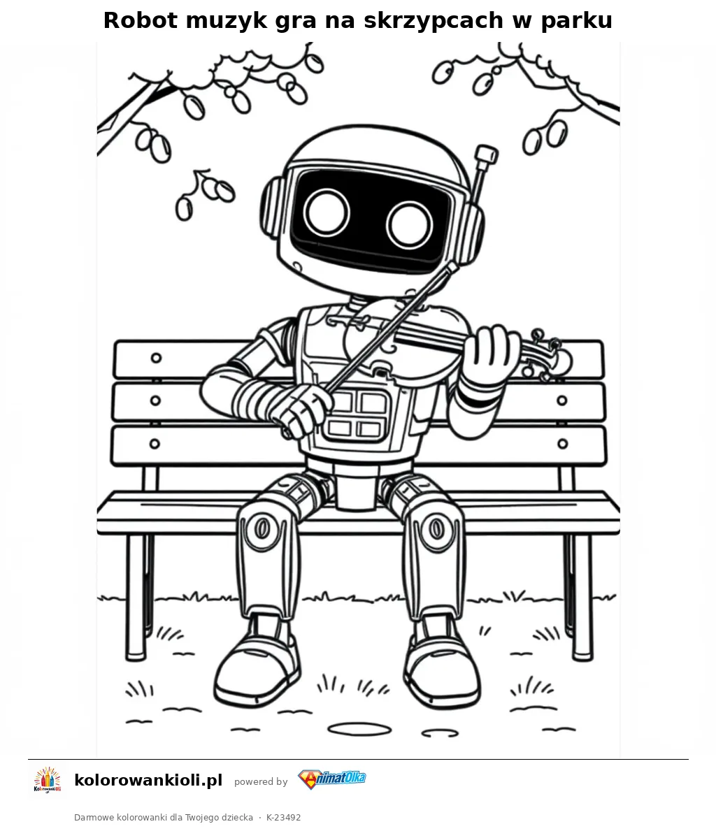 Robot muzyk gra na skrzypcach w parku — kolorowanka do wydruku dla dzieci