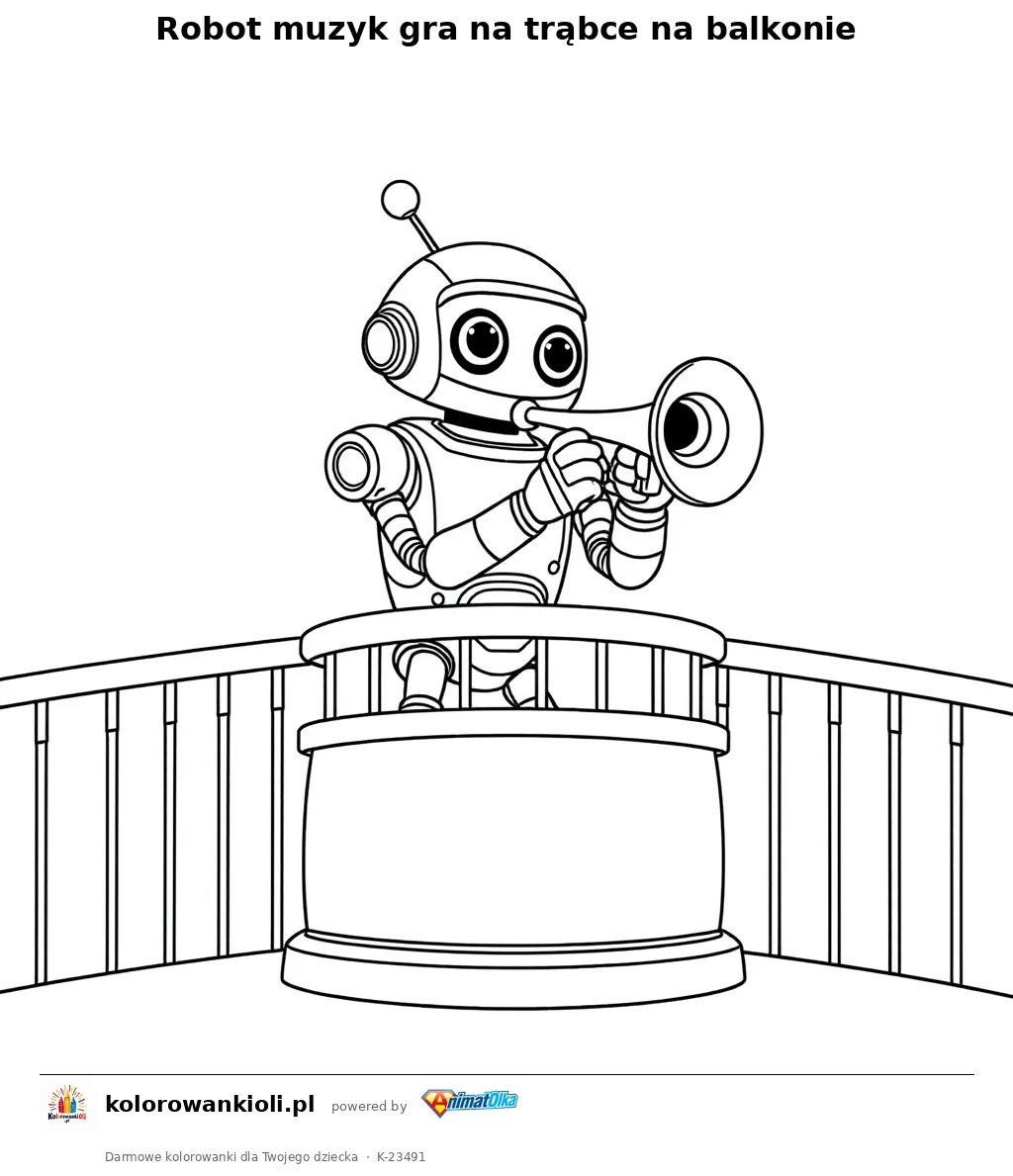Robot muzyk gra na trąbce na balkonie — kolorowanka do wydruku dla dzieci