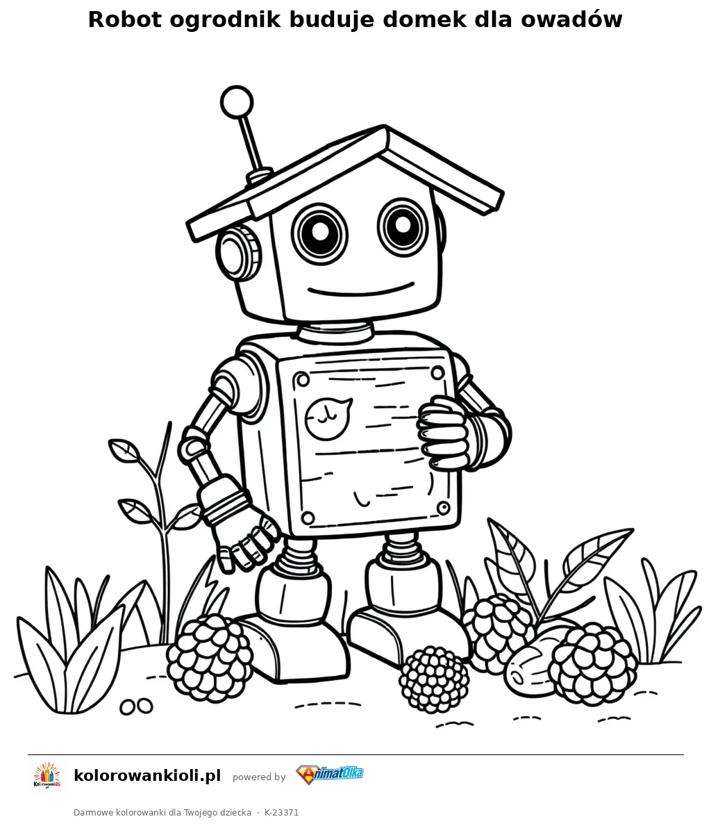 Robot ogrodnik buduje domek dla owadów — kolorowanka do wydruku dla dzieci