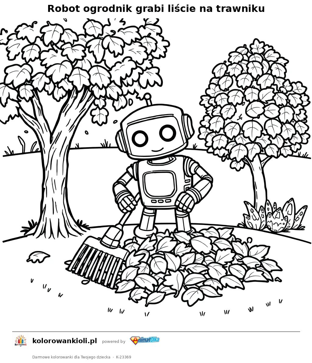 Robot ogrodnik grabi liście na trawniku — kolorowanka do wydruku dla dzieci