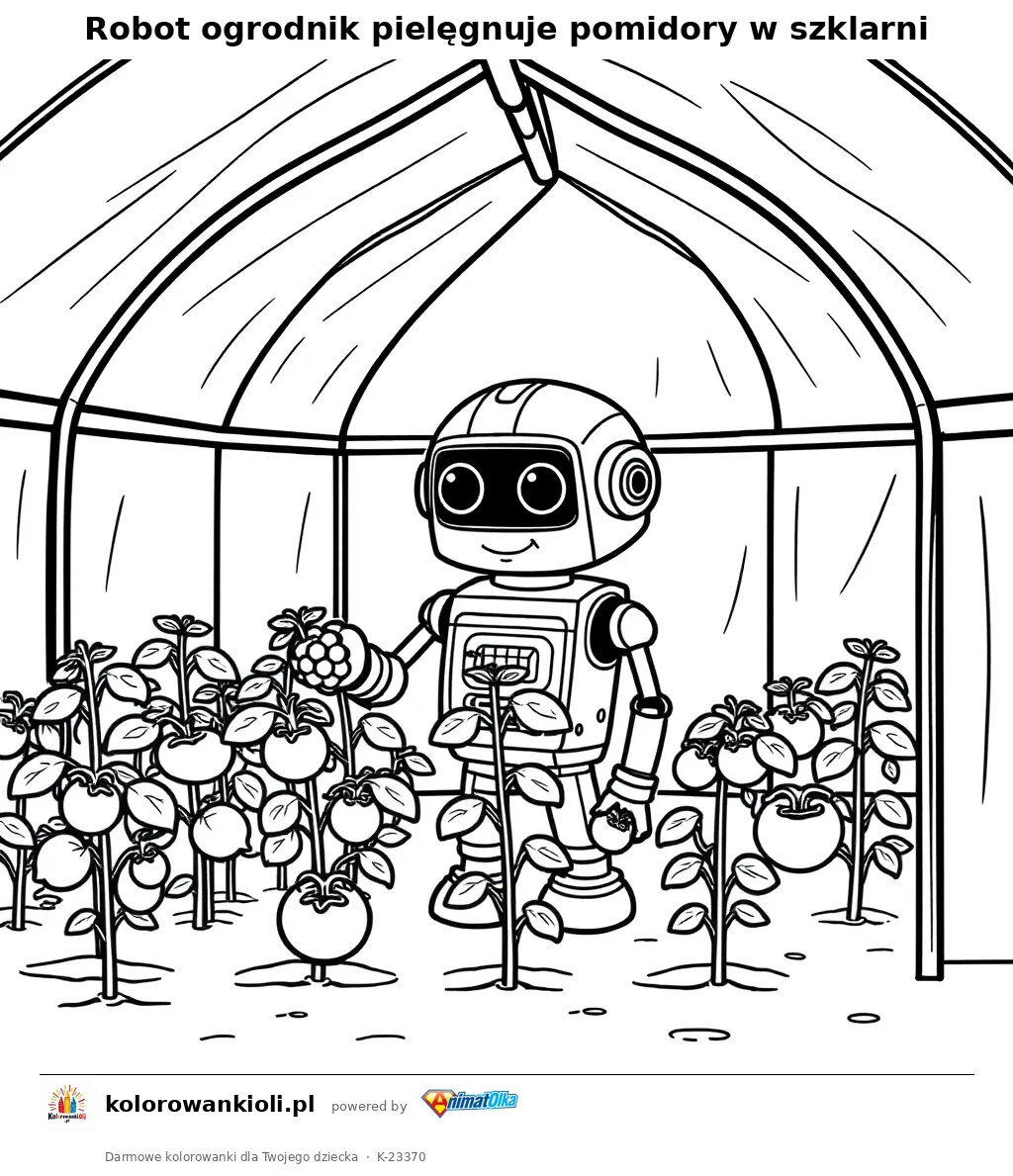 Robot ogrodnik pielęgnuje pomidory w szklarni — kolorowanka do wydruku dla dzieci