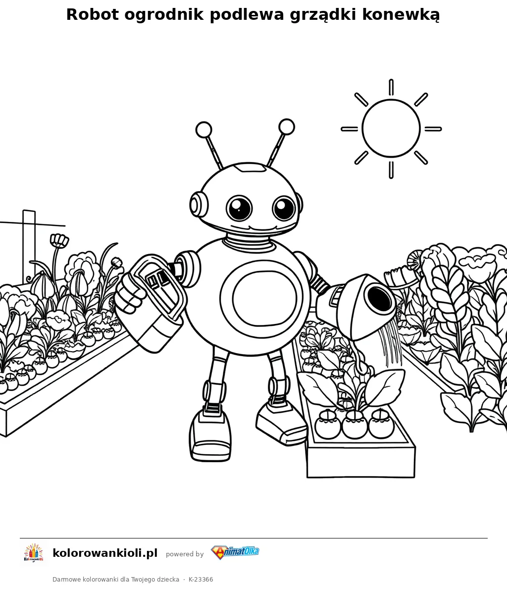 Robot ogrodnik podlewa grządki konewką — kolorowanka do wydruku dla dzieci