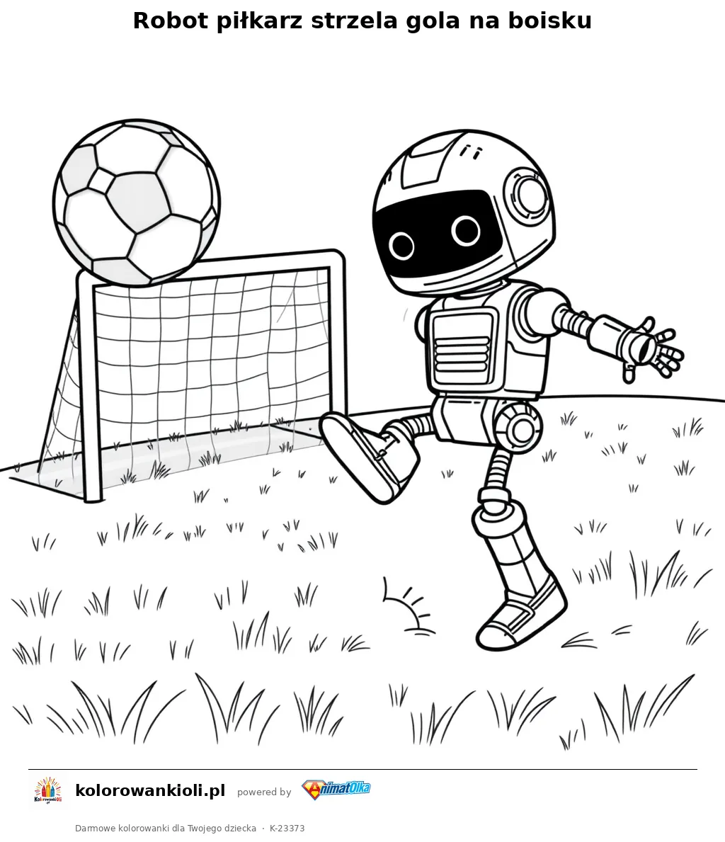 Robot piłkarz strzela gola na boisku — kolorowanka do wydruku dla dzieci