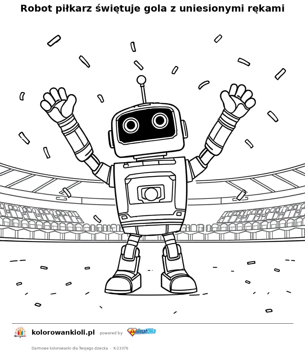 Robot piłkarz świętuje gola z uniesionymi rękami — kolorowanka do wydruku dla dzieci