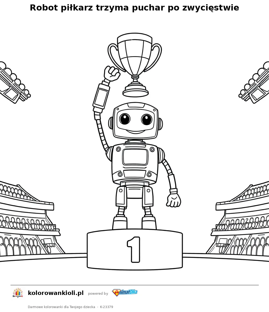 Robot piłkarz trzyma puchar po zwycięstwie — kolorowanka do wydruku dla dzieci