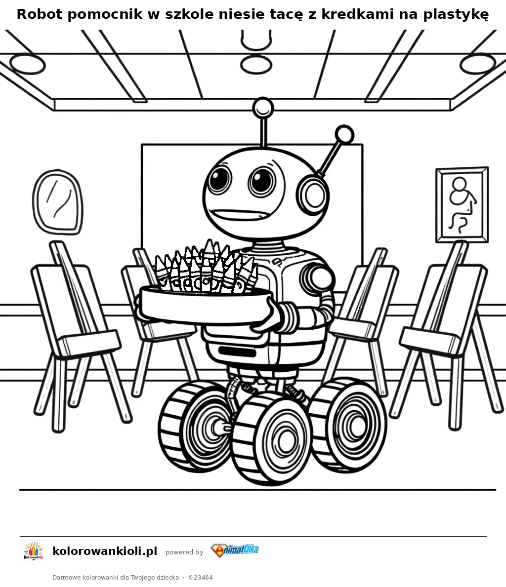 Robot pomocnik w szkole niesie tacę z kredkami na plastykę — kolorowanka do wydruku dla dzieci