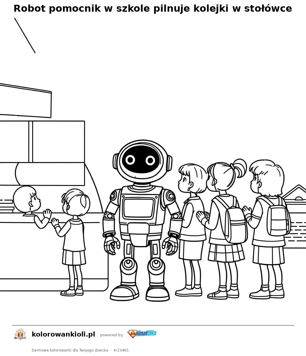 Robot pomocnik w szkole pilnuje kolejki w stołówce — kolorowanka do wydruku dla dzieci