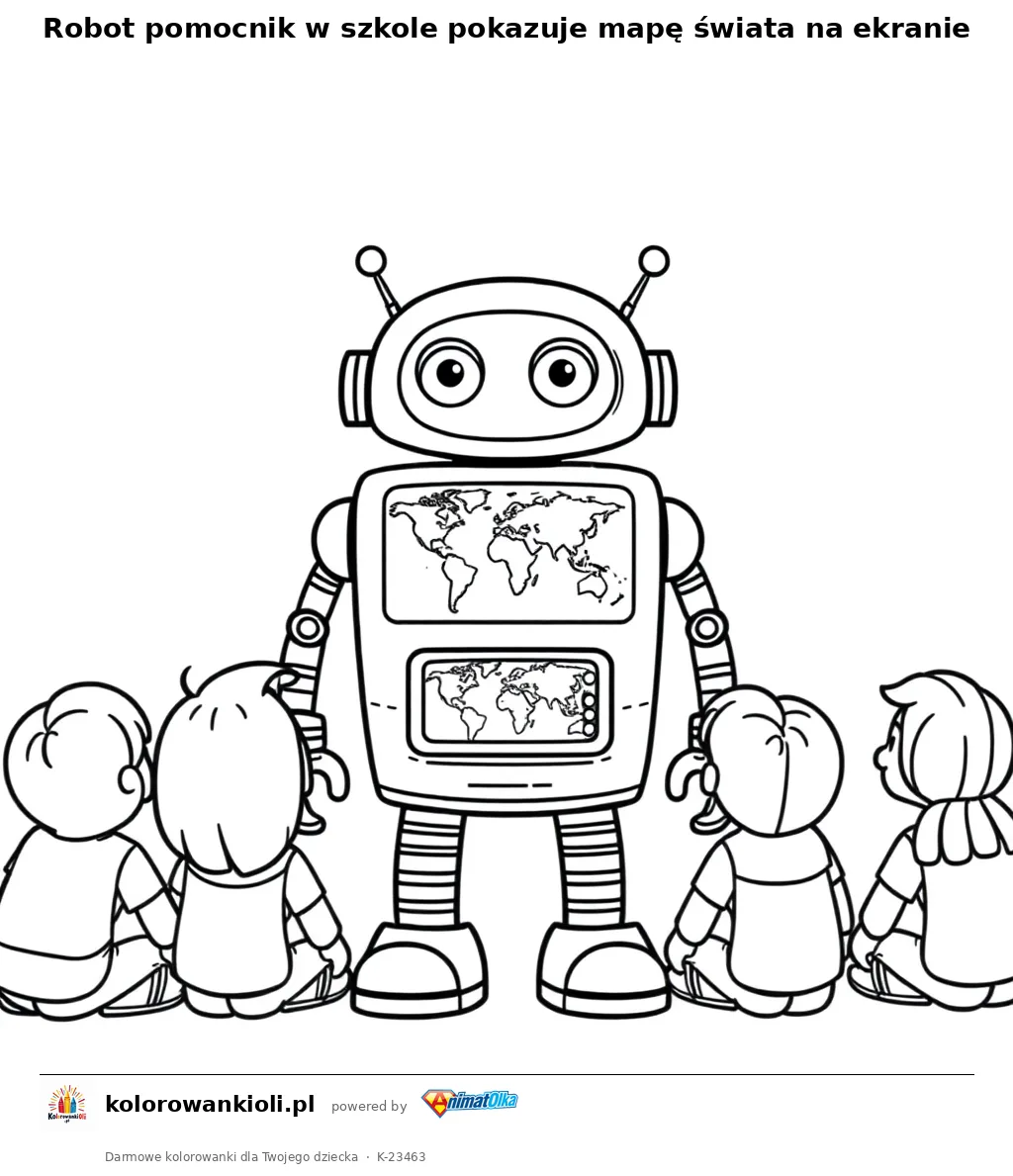 Robot pomocnik w szkole pokazuje mapę świata na ekranie — kolorowanka do wydruku dla dzieci
