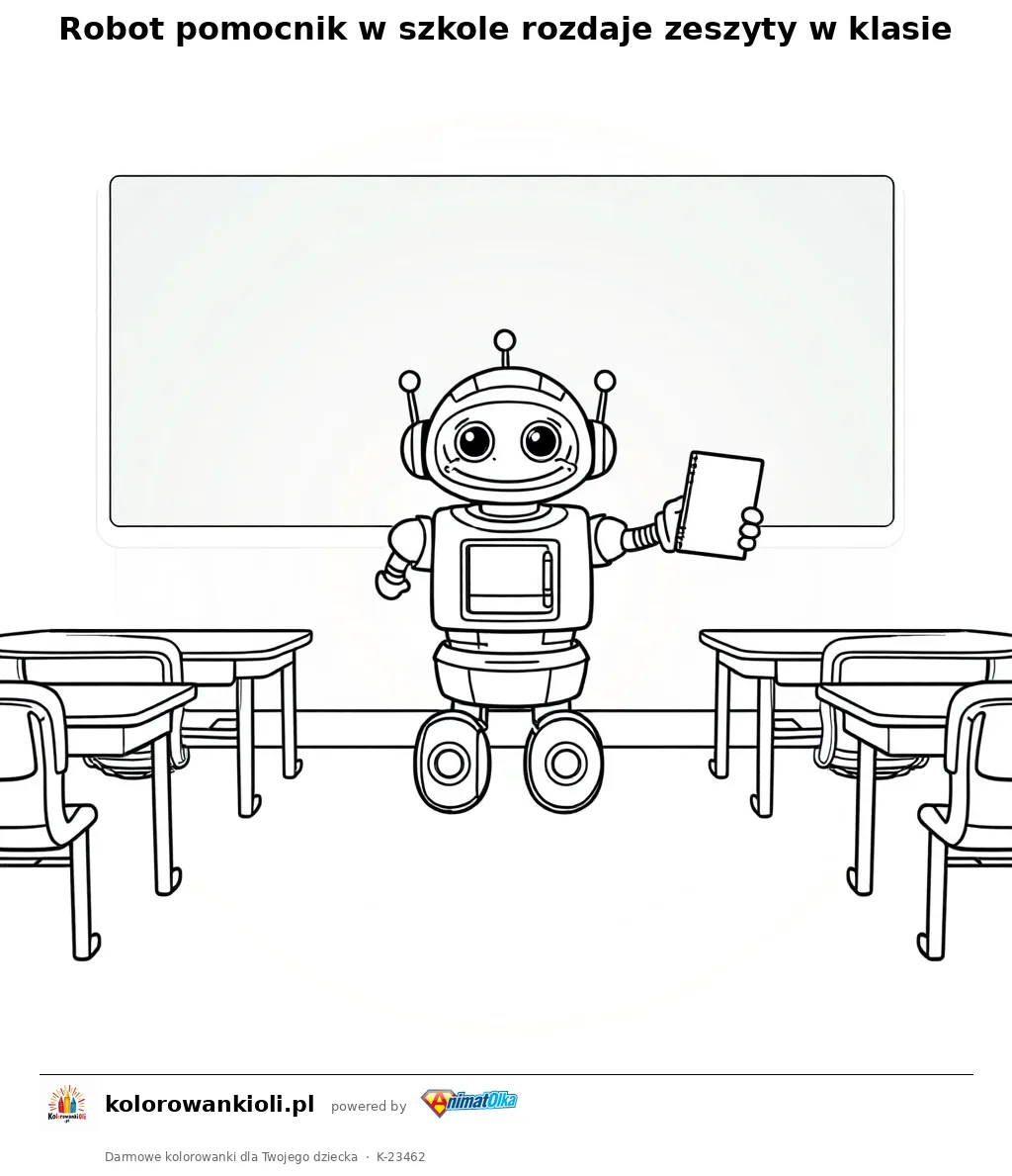 Robot pomocnik w szkole rozdaje zeszyty w klasie — kolorowanka do wydruku dla dzieci