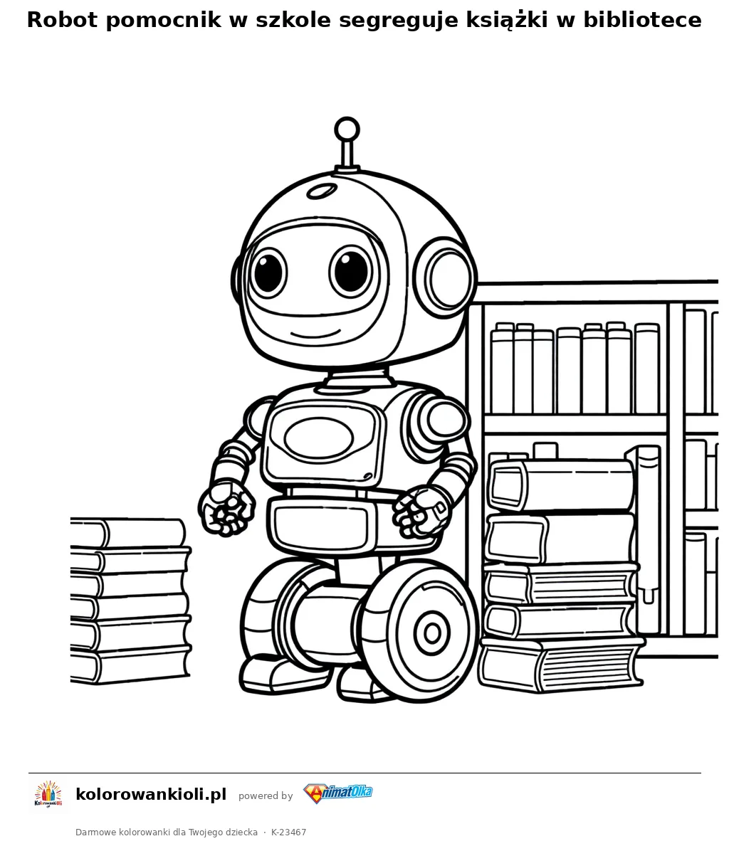 Robot pomocnik w szkole segreguje książki w bibliotece — kolorowanka do wydruku dla dzieci