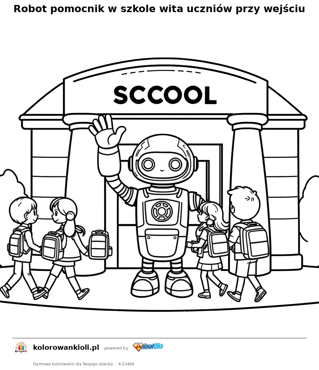 Robot pomocnik w szkole wita uczniów przy wejściu — kolorowanka do wydruku dla dzieci