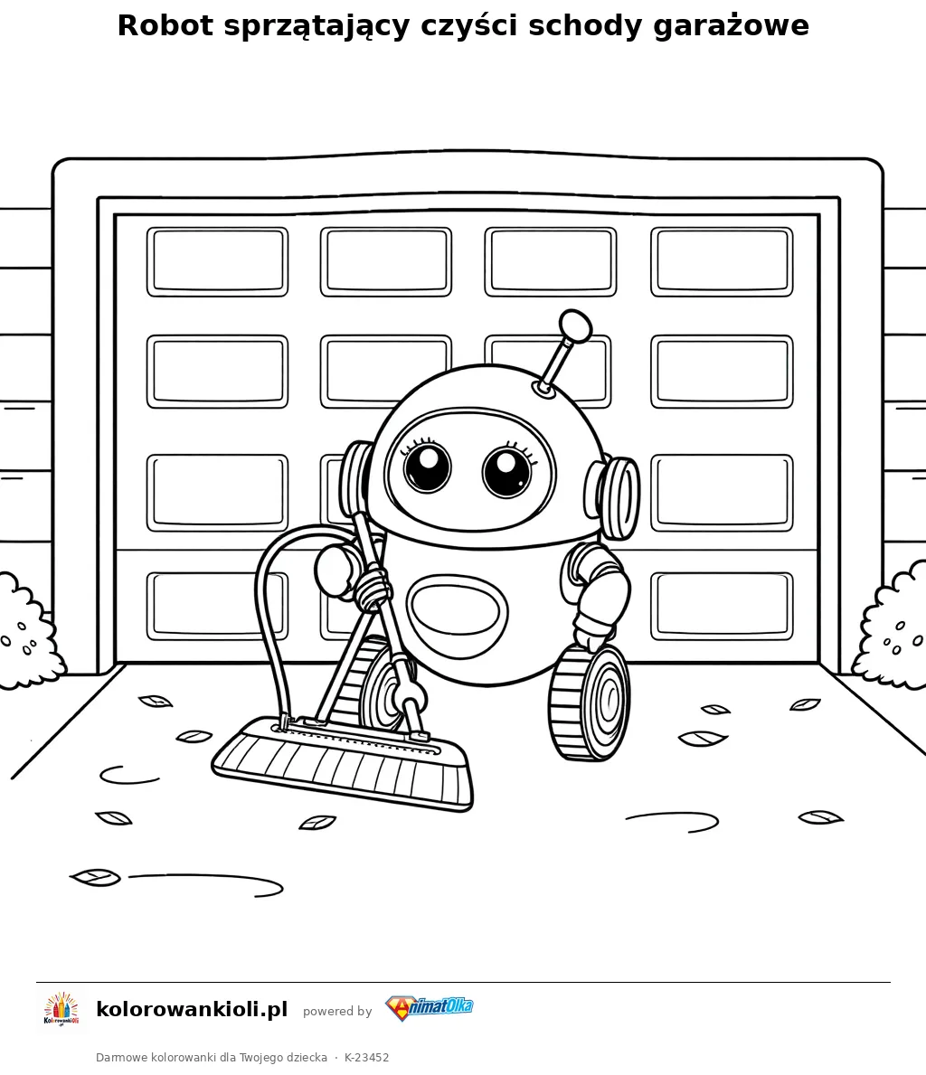Robot sprzątający czyści schody garażowe — kolorowanka do wydruku dla dzieci