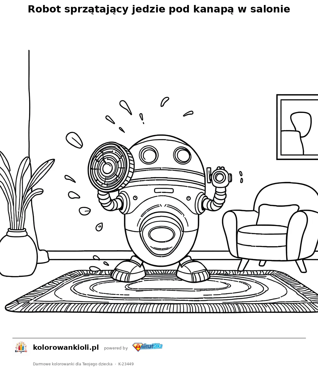 Robot sprzątający jedzie pod kanapą w salonie — kolorowanka do wydruku dla dzieci