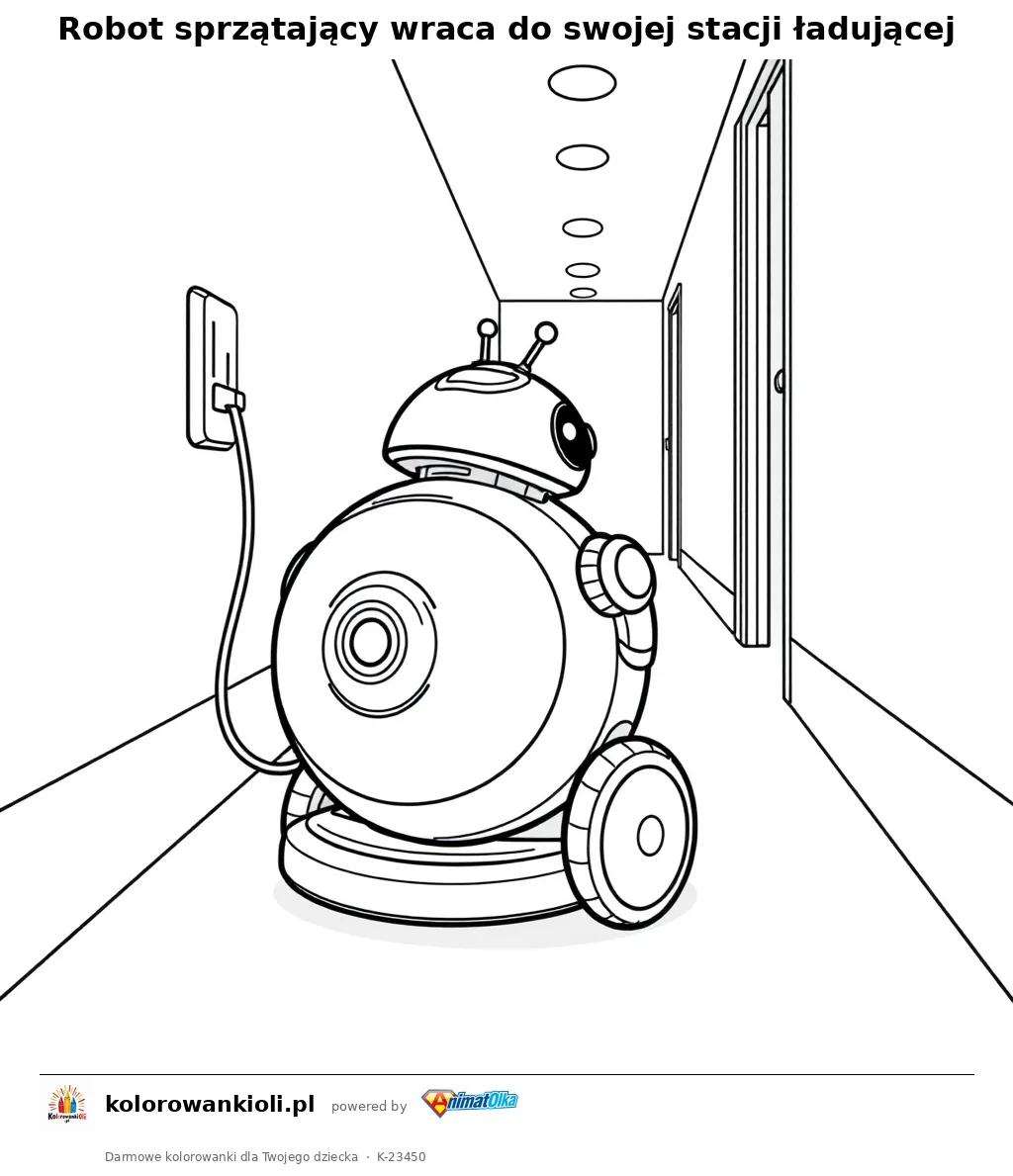 Robot sprzątający wraca do swojej stacji ładującej — kolorowanka do wydruku dla dzieci