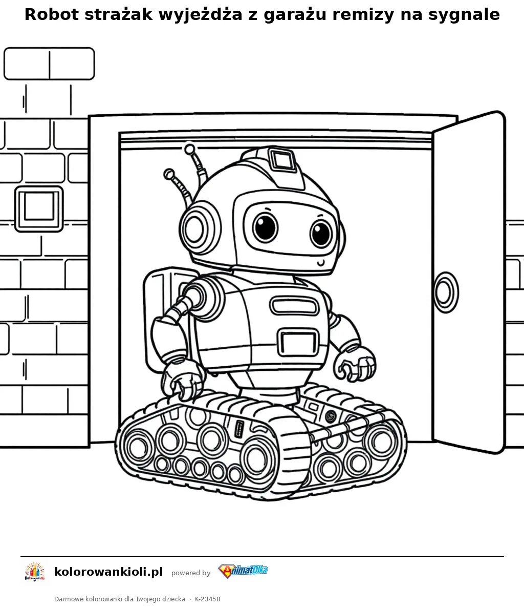 Robot strażak wyjeżdża z garażu remizy na sygnale — kolorowanka do wydruku dla dzieci