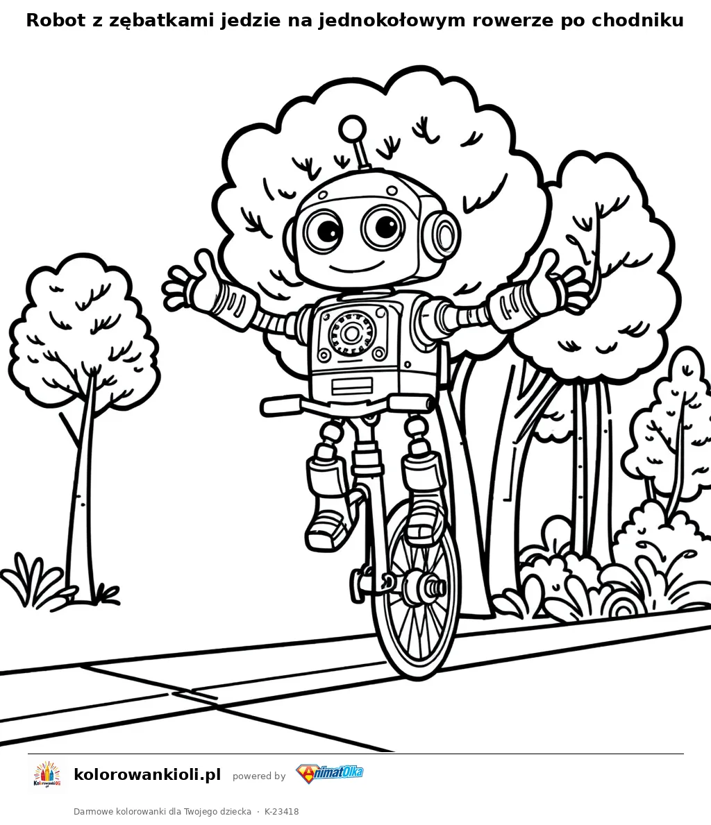 Robot z zębatkami jedzie na jednokołowym rowerze po chodniku — kolorowanka do wydruku dla dzieci